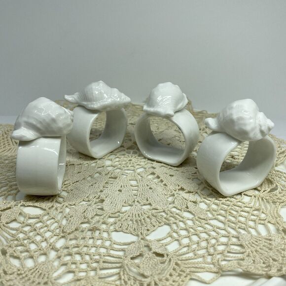 Vintage White Seashell Napkin Rings Set of 4 White Nautical Ocean Conch Shells - Picture 6 of 11
